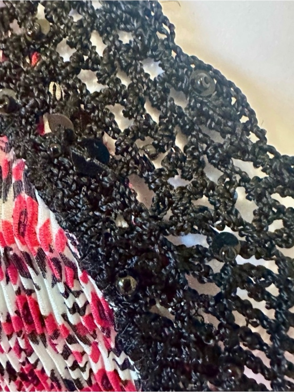 Alberto Makali Crochet Sequin Print Top Size L Pink Black Pleated Bell Sleeve - Picture 3 of 8